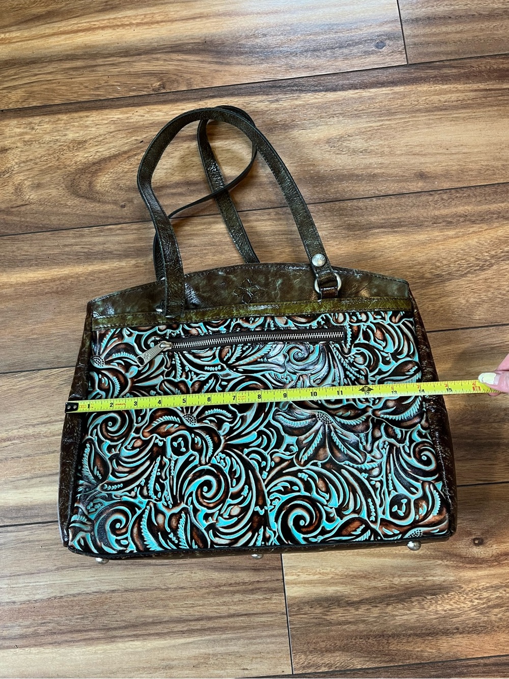 Patricia Nash “poppy” tooled leather turquoise teal shoulder bag tote purse - Picture 6 of 8